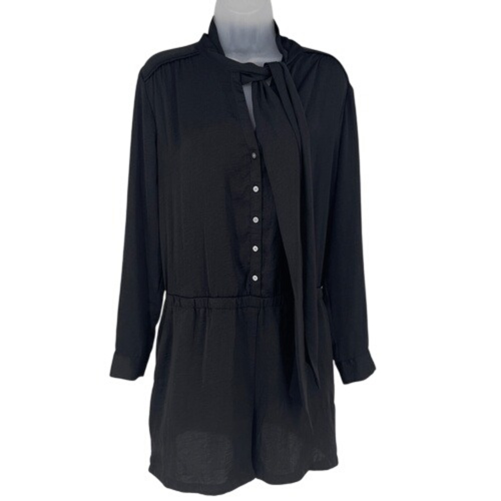 Ann Taylor Loft‎ Black Tie Neck Long Sleeve Romper With Pockets Size Large